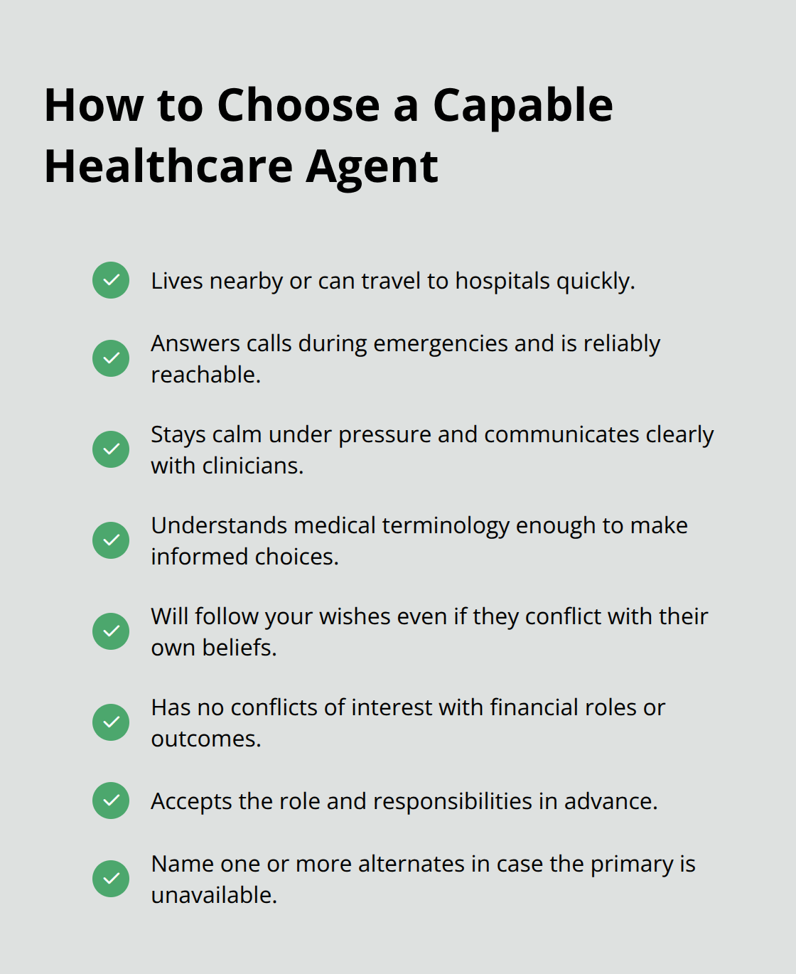 Checklist of practical criteria for selecting an effective healthcare agent. - Advanced care planning