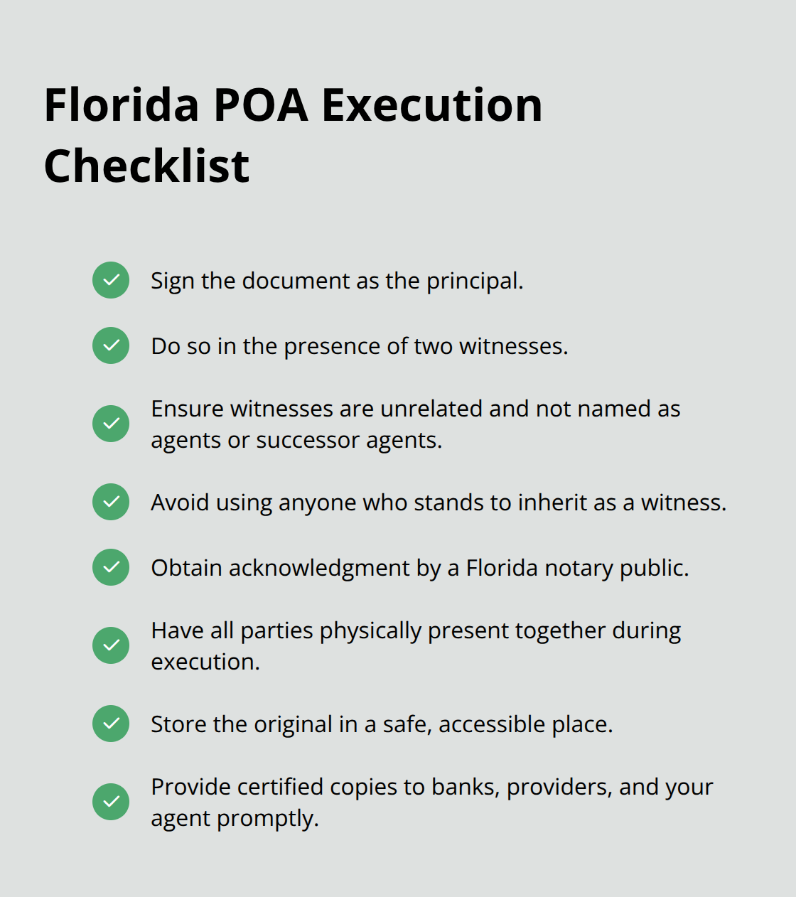 Checklist of steps Florida banks and third parties expect for a valid power of attorney - appoint power attorney florida