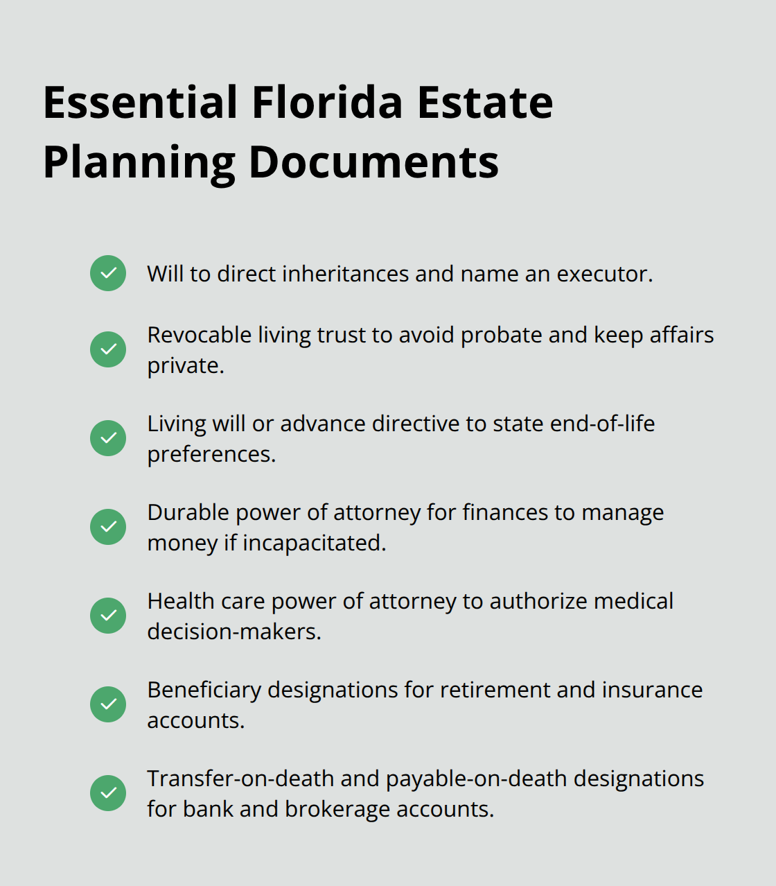 Checklist of the core documents that form a solid Florida estate plan. - basics of estate planning