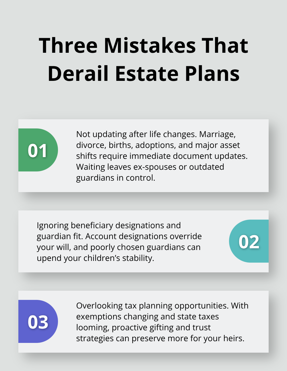 Stylized list explaining three common estate planning mistakes and their consequences. - Beginner estate planning guide