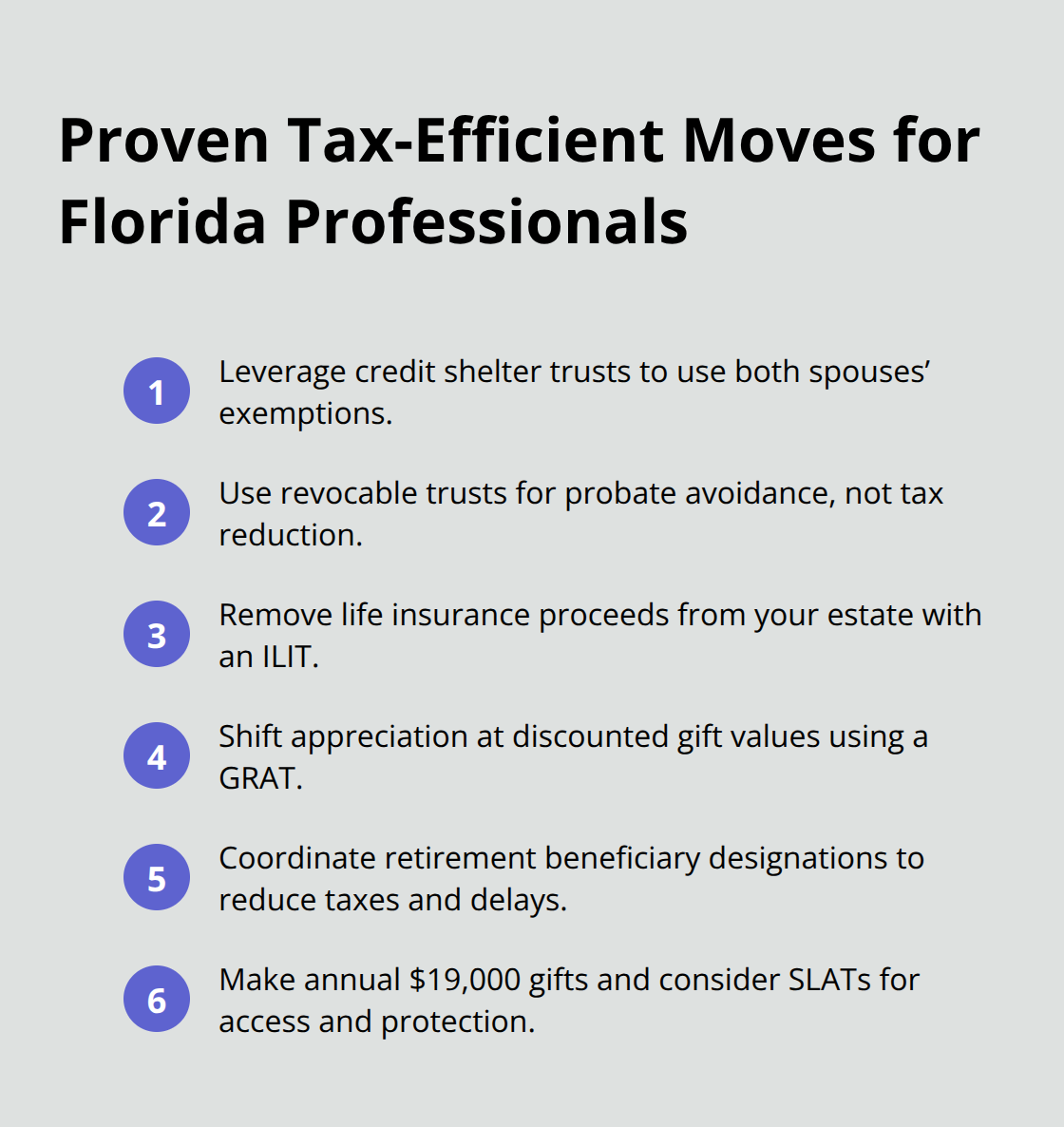 Compact checklist of tax-efficient estate planning moves for high-income professionals in Florida. - Estate planning for professionals