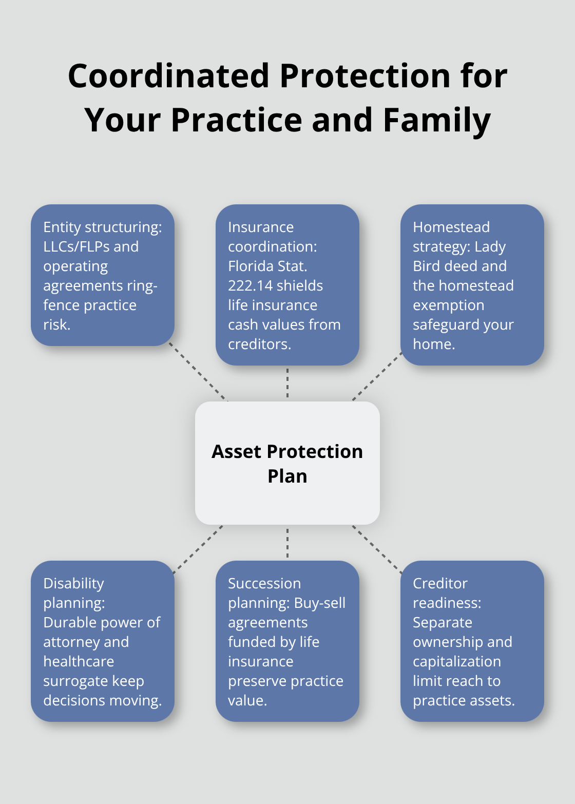 Hub-and-spoke visual showing key elements of an asset protection plan for Florida professionals. - Estate planning for professionals