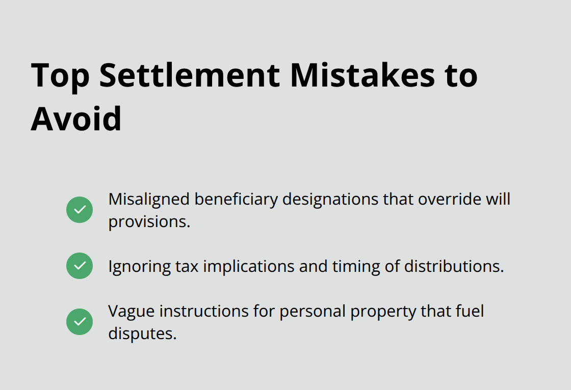 Checklist highlighting three common estate settlement mistakes families should avoid in the United States. - Estate settlement planning