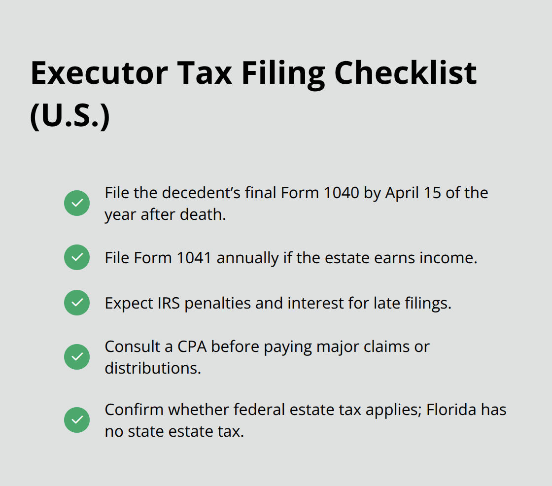 Checkmark list summarizing key executor tax filing obligations and cautions in the United States. - Executor duties explained