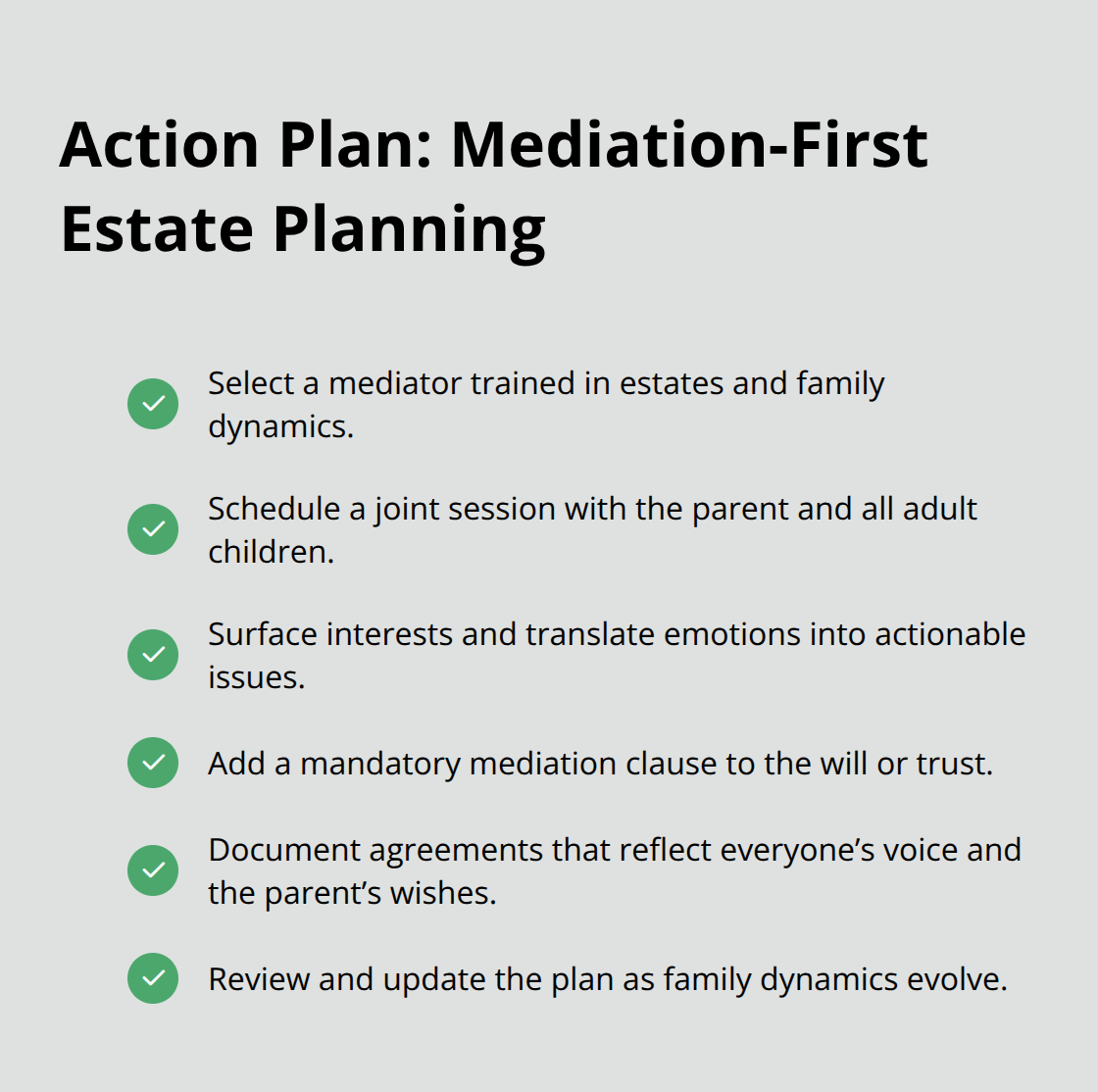 Checklist of practical steps to embed mediation into an estate plan before disputes arise. - Family mediation estate plan