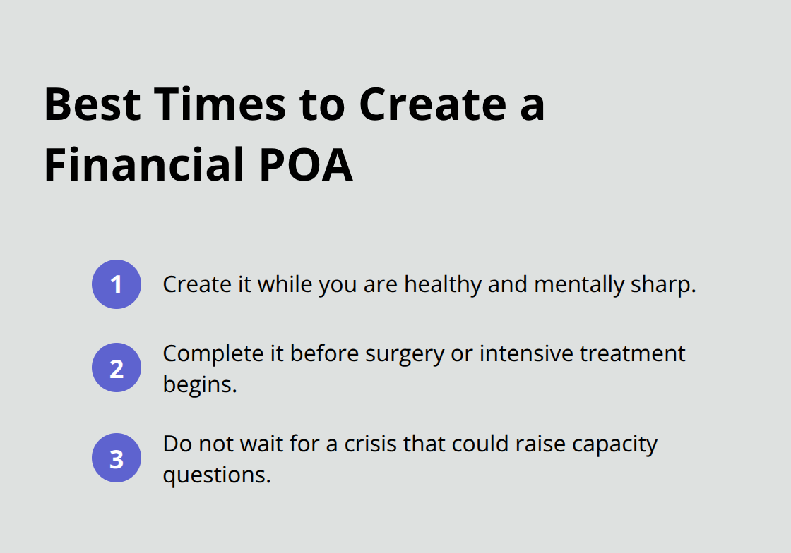 Compact list of ideal times to set up a financial power of attorney.