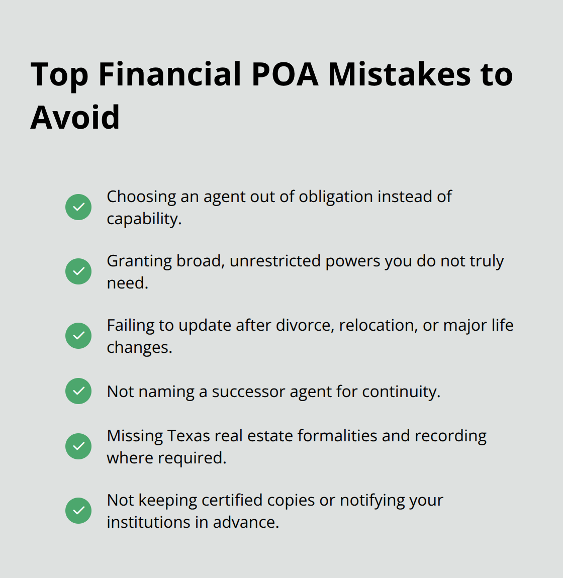 Checkmark list highlighting the most common financial power of attorney pitfalls.