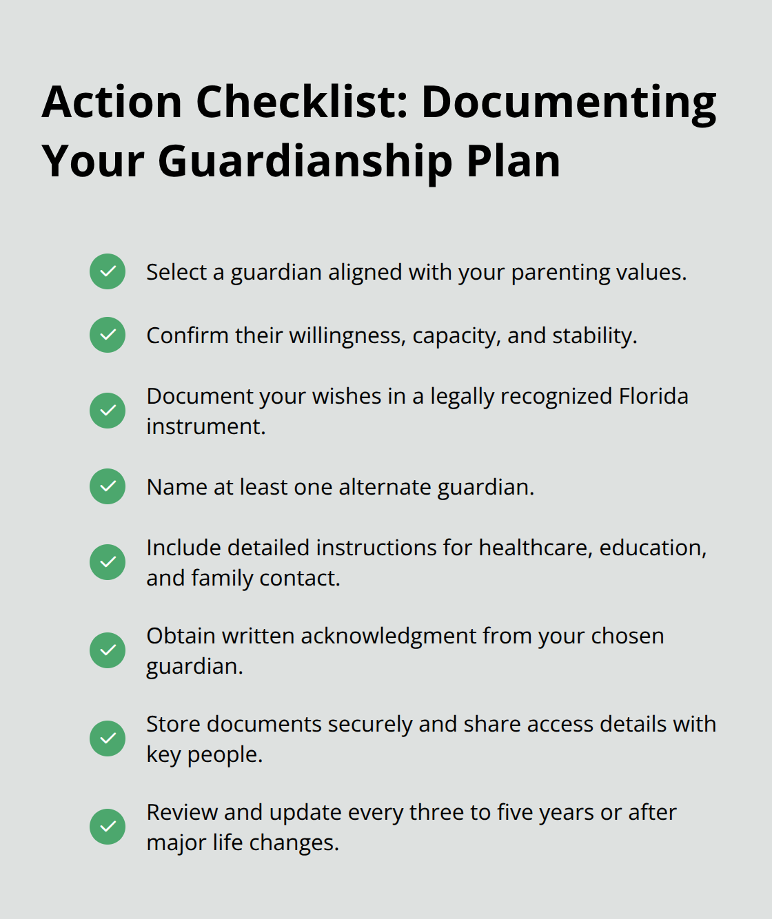 Step-by-step checklist to formalize, store, and keep your guardianship plan current - Guardianship strategies for families