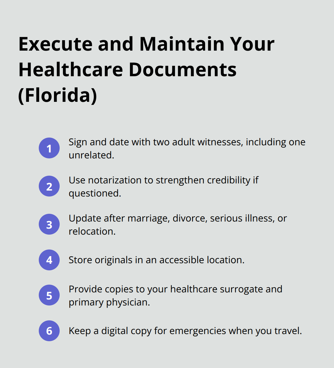 Checklist of Florida execution, update, and storage steps for healthcare directives.