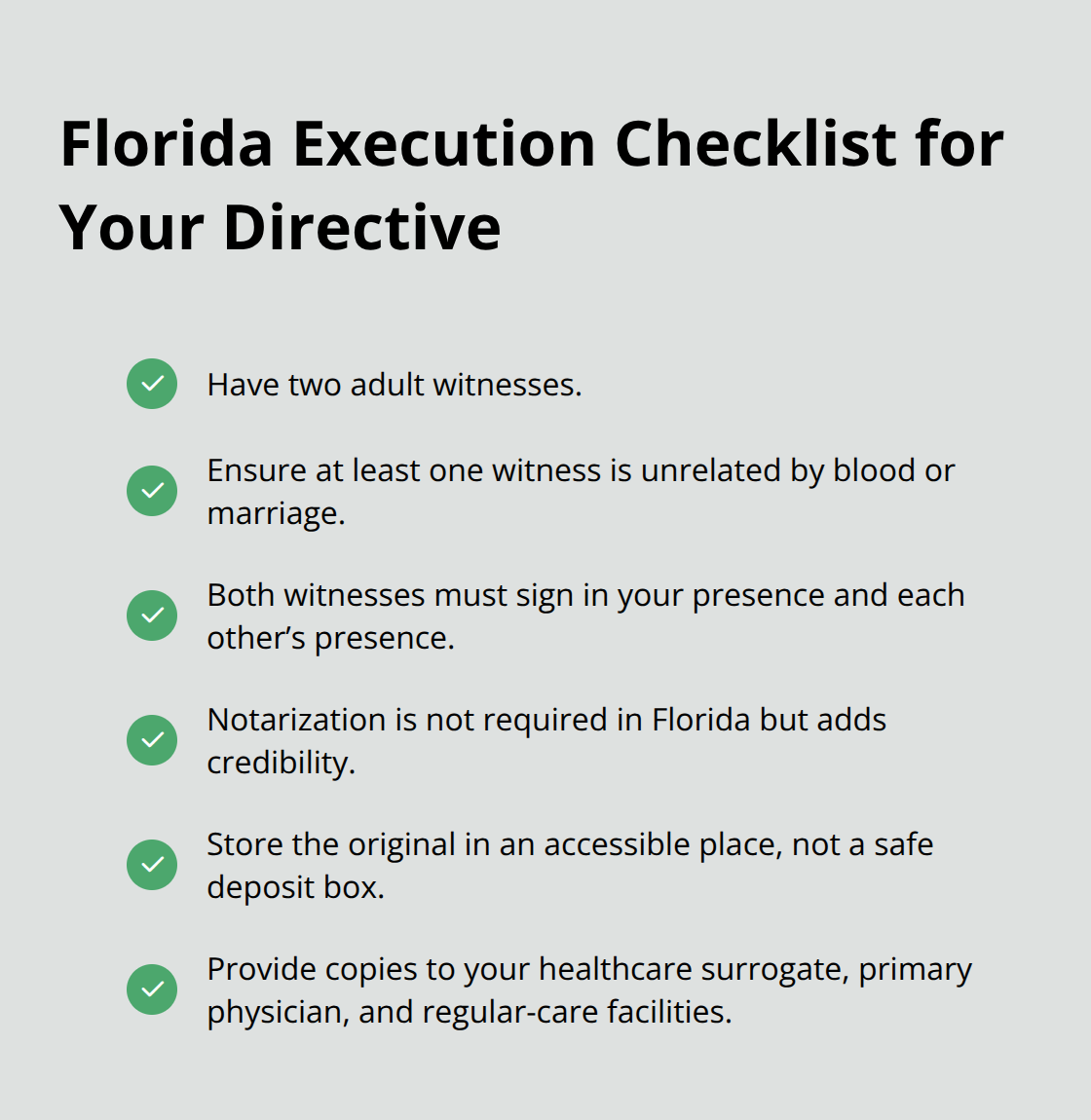 Checkmark list summarizing Florida’s execution and distribution steps for a healthcare directive