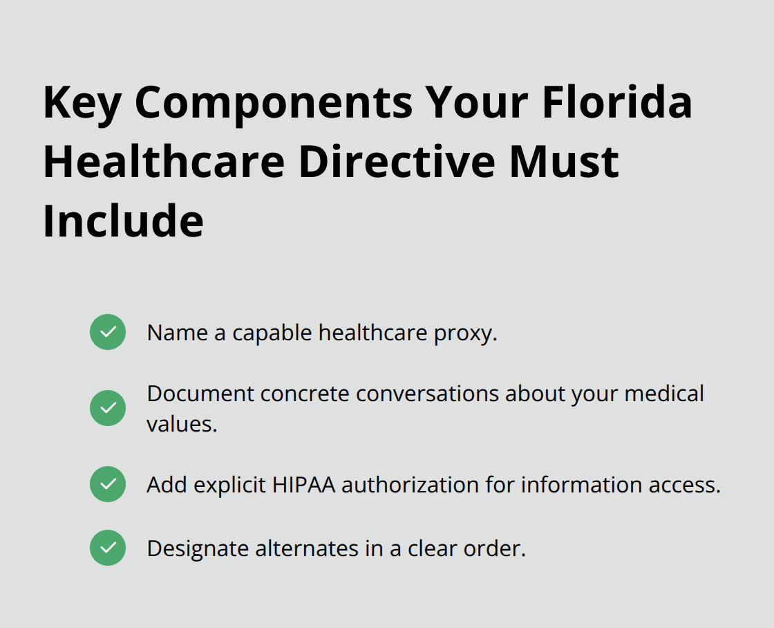 Checklist of proxy selection, values conversations, HIPAA authorization, and alternates