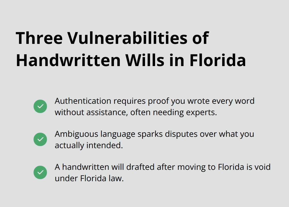 Checkmark list highlighting authentication costs, ambiguity, and Florida’s void rule for handwritten wills. - holographic will florida