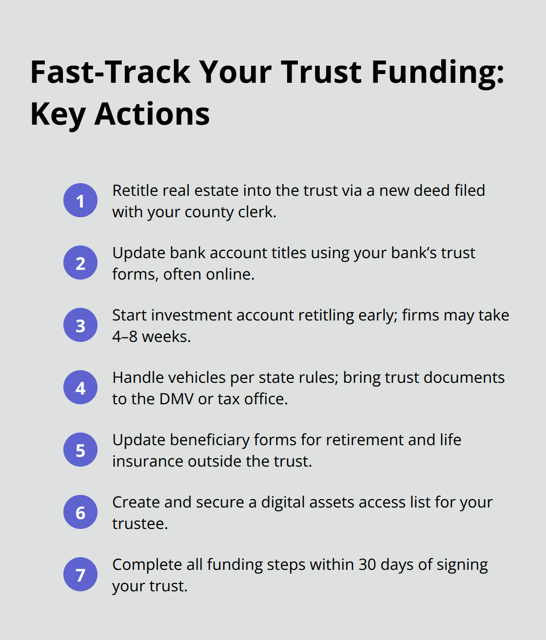 Compact checklist of key steps to fund a trust quickly
