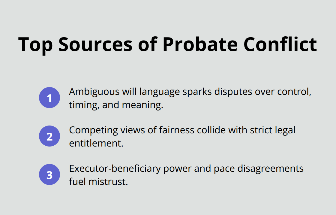 Three main sources of probate conflict listed in a concise ordered format.