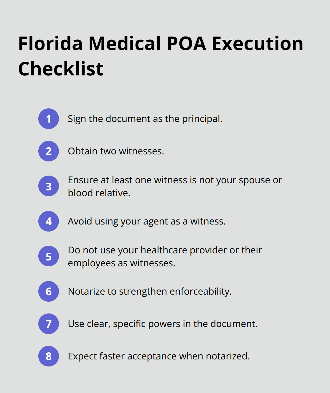Compact checklist of Florida requirements and best practices to execute a medical power of attorney that providers accept quickly.