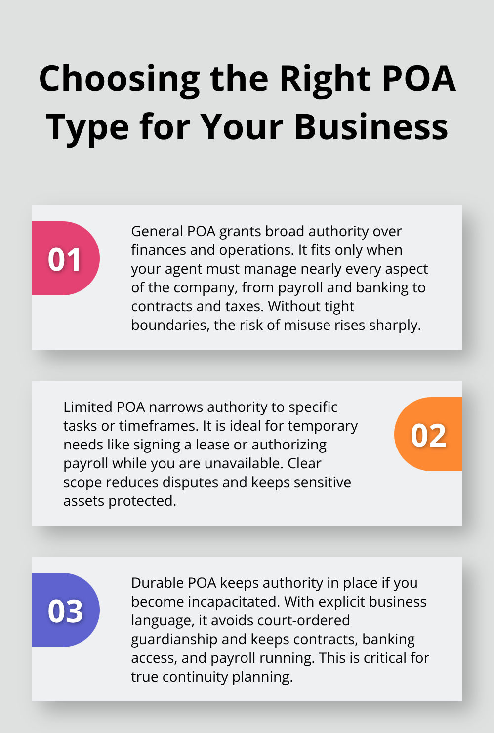 Comparison of general, limited, and durable powers of attorney for business owners - POA options for businesses