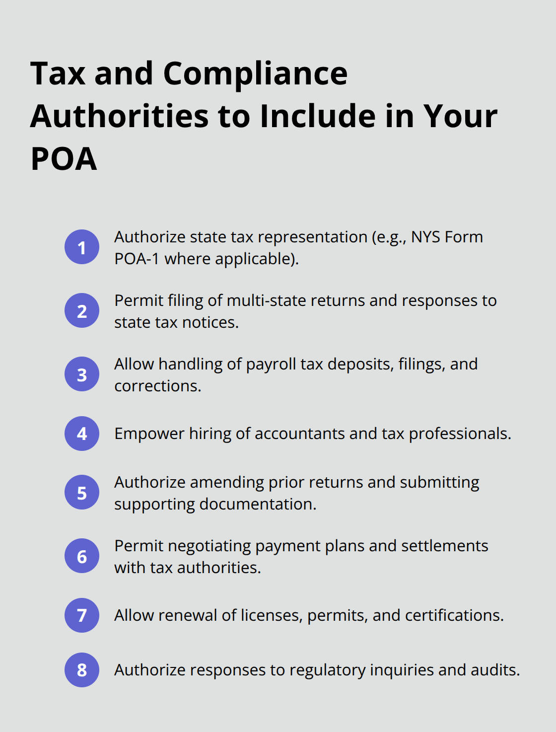 Compact checklist of tax and regulatory powers an agent may need under a POA - POA options for businesses