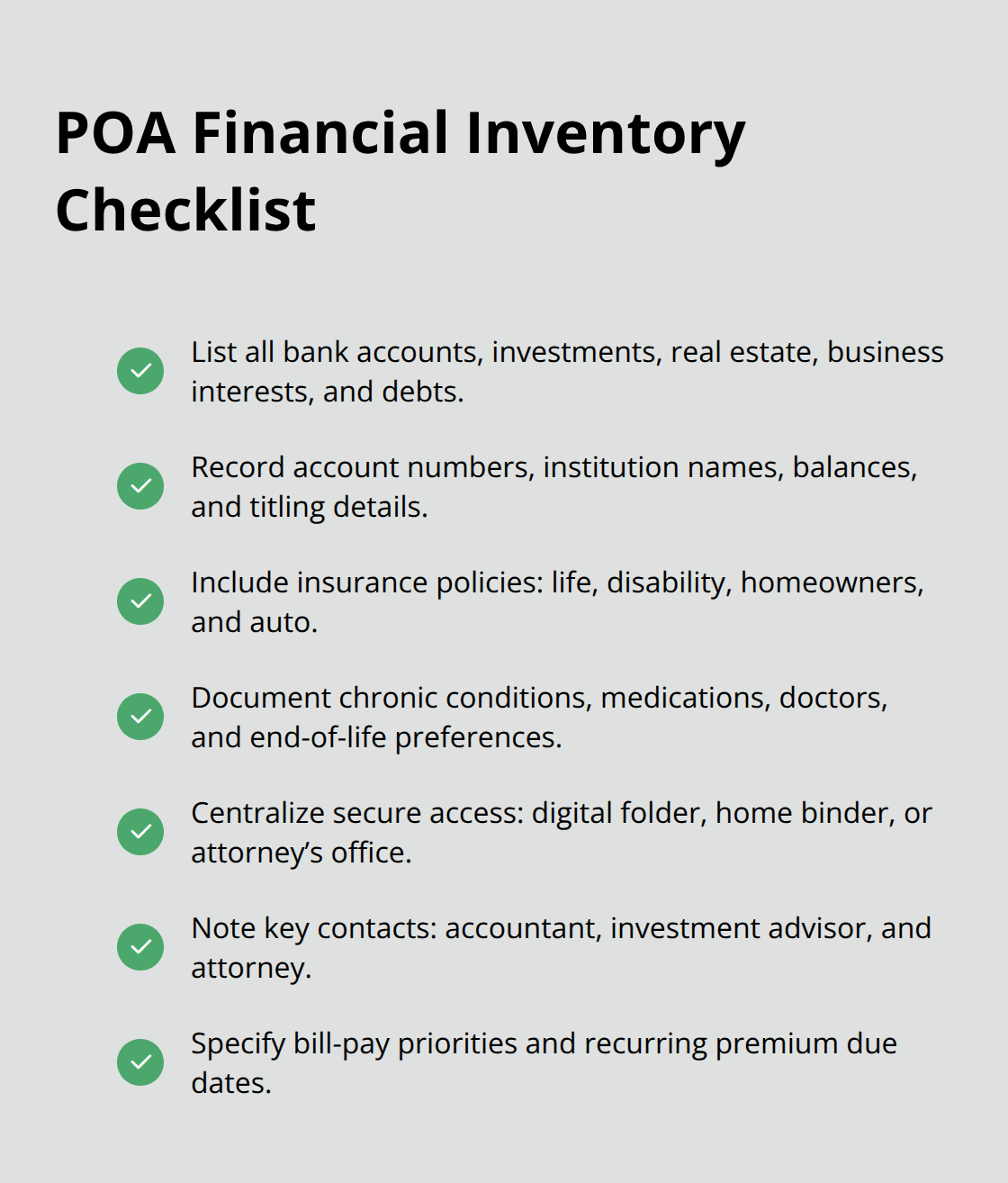 Checklist of items to gather for a complete power of attorney financial inventory