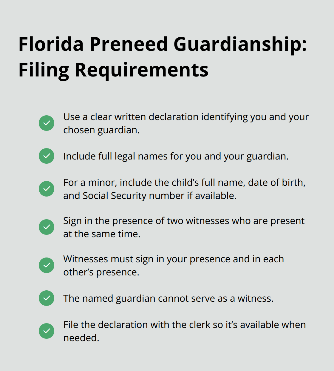 Checklist of required elements to create a valid Florida preneed guardianship declaration