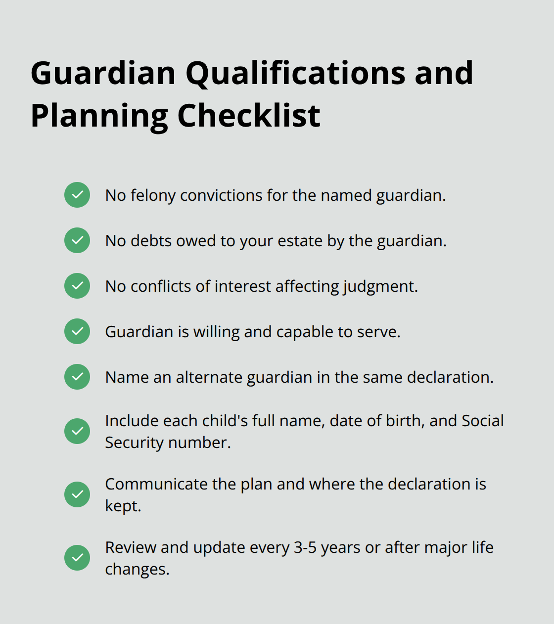 Checkmark list of Florida guardian qualifications and planning must-dos