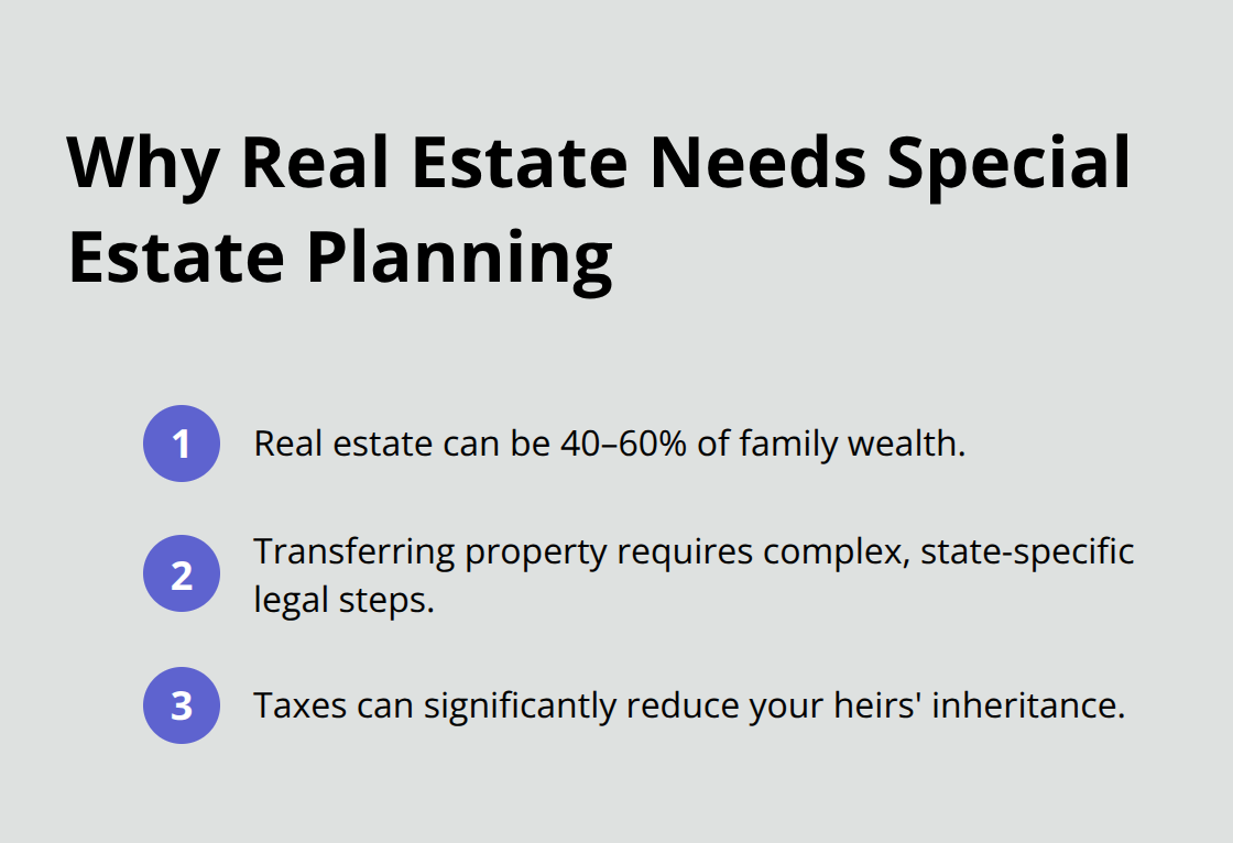 Three reasons real estate requires distinct estate planning: high share of family wealth, legal complexity, and tax exposure. - Real estate inheritance planning