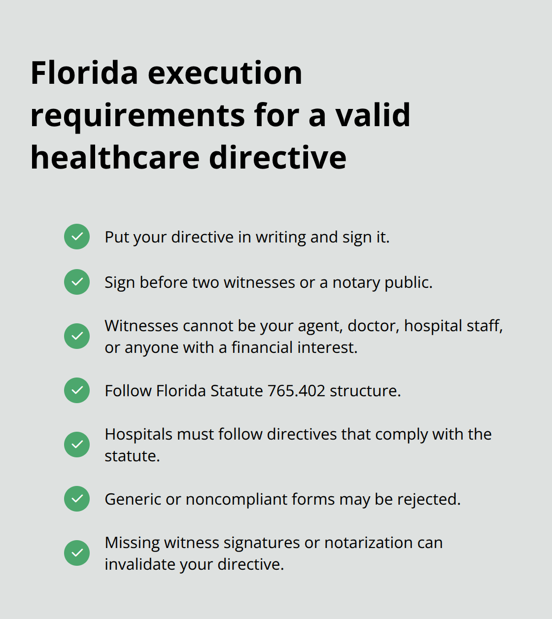 Checklist of Florida’s signing, witnessing, and compliance rules for healthcare directives - Sample healthcare directive language
