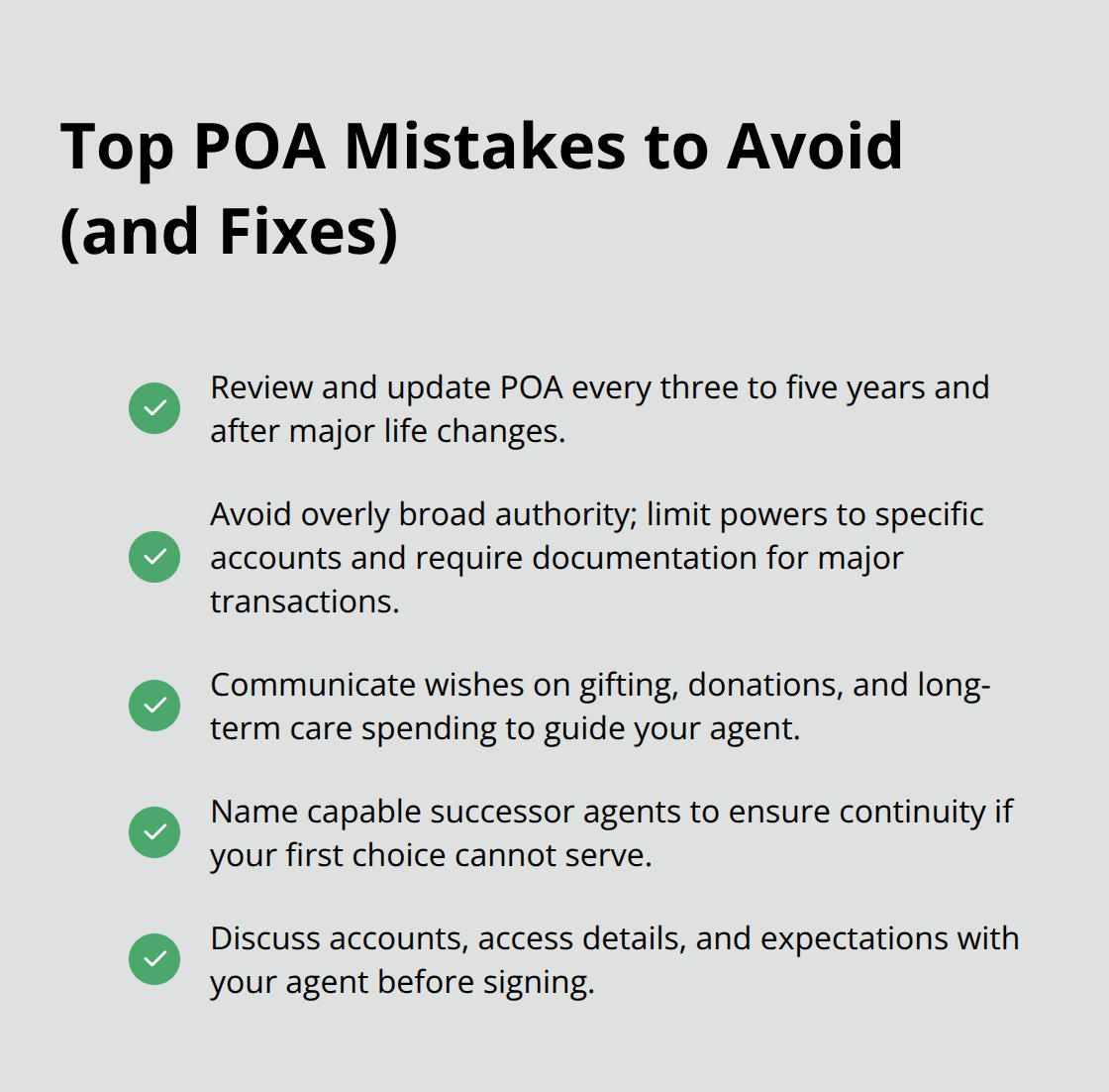 Checkmarked list of common POA mistakes and corrective actions for U.S. seniors and families. - Senior POA options