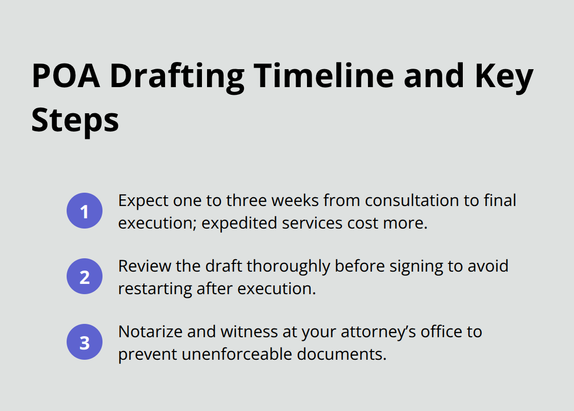 Compact timeline showing how long POA drafting takes and the critical execution steps in the U.S. - Senior POA options
