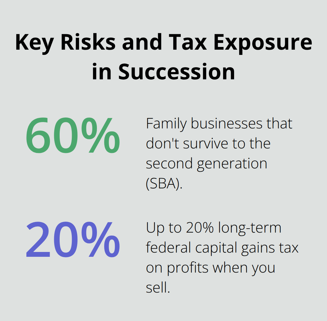 Chart highlighting that 60% of family businesses don’t reach the second generation and that up to 20% long-term capital gains tax can apply on a sale. - Small business succession Florida