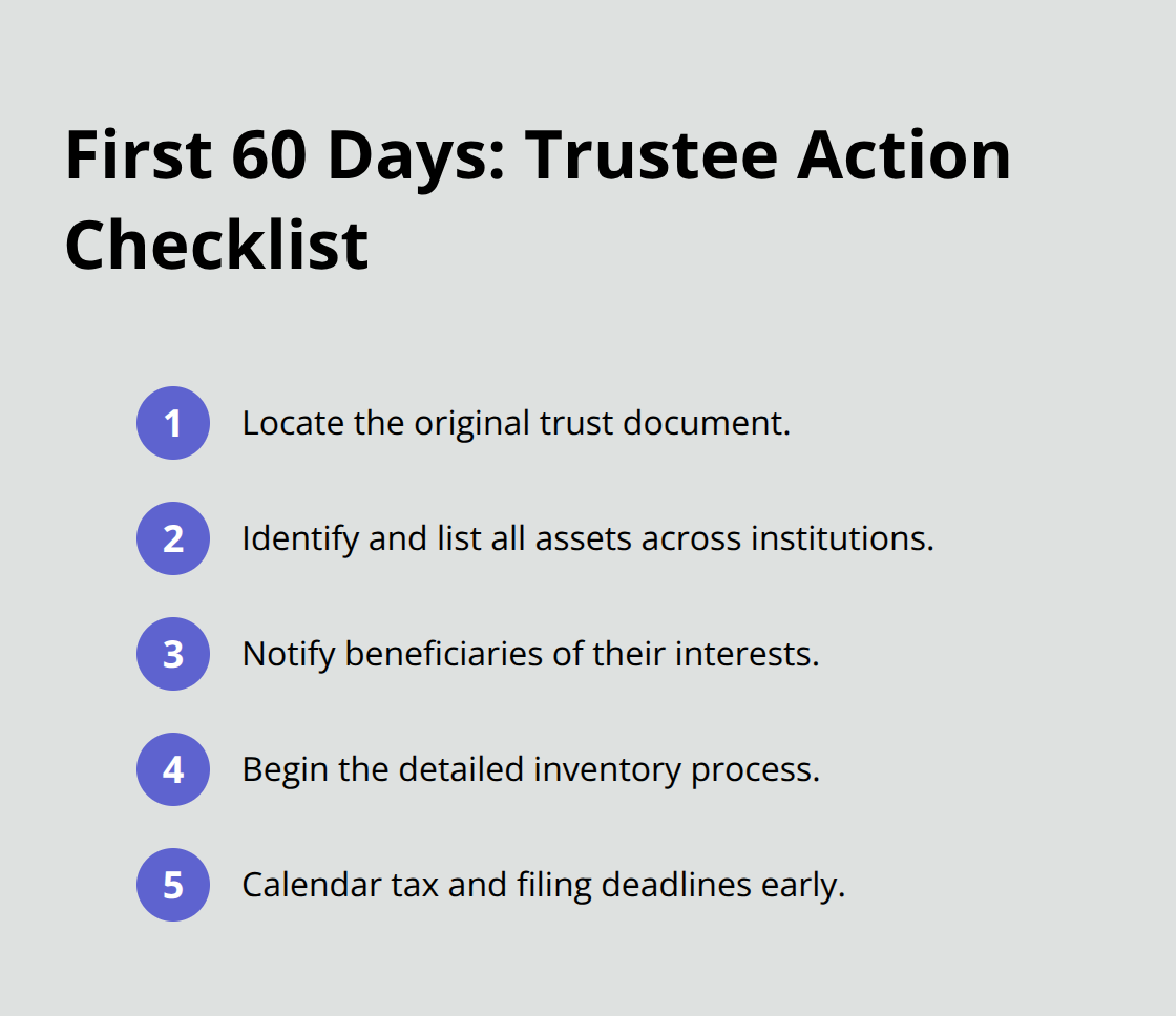 Compact list of the essential trustee actions to complete in the first 30–60 days - Trust administration tips