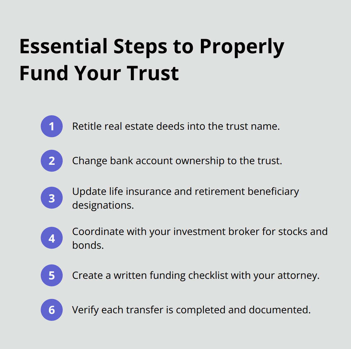 Compact checklist of actions to move assets into a trust - Trust creation basics