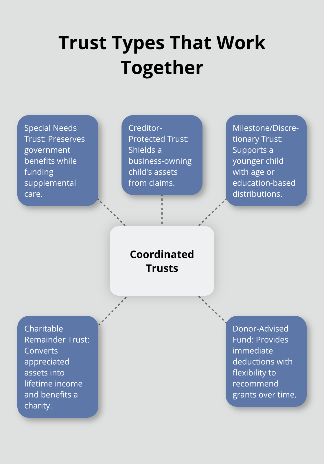Hub-and-spoke view of coordinated trusts serving different family goals. - Trust planning for families
