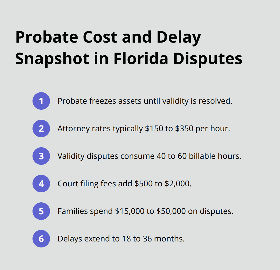 Key cost and timeline impacts when a will’s validity is challenged in Florida probate. - Will validity checks
