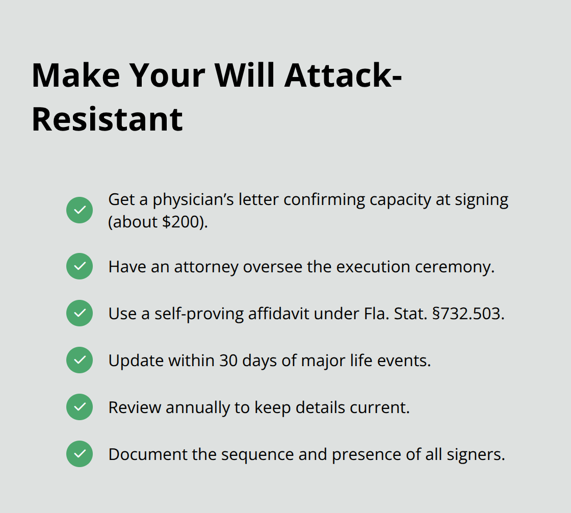 Checkmark list of practical steps to protect a Florida will from challenges - Will validity checks