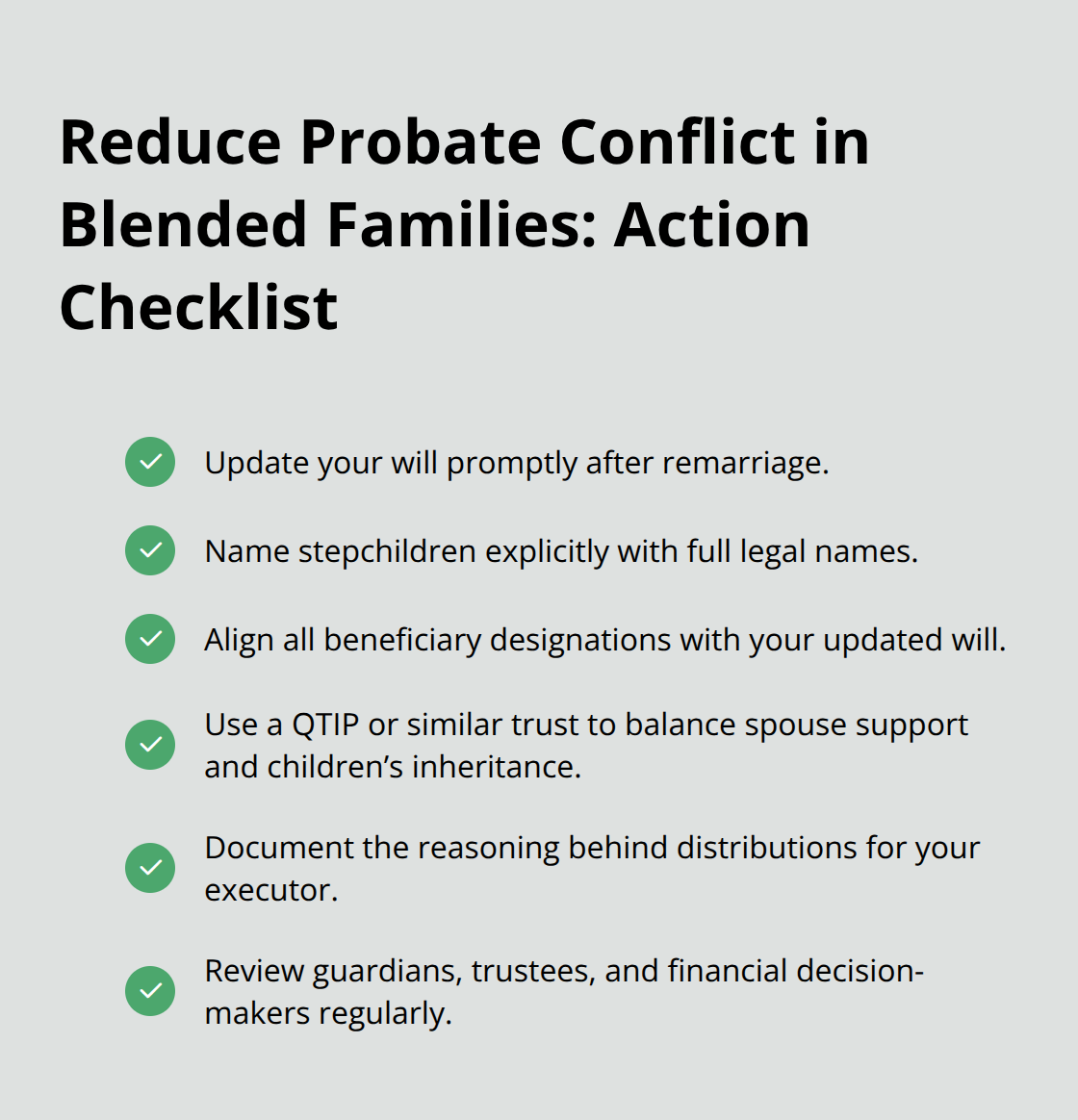 Checklist of key steps to prevent probate disputes and protect spouses and children in blended families.